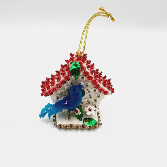 Vintage Push Pin Christmas Ornament Sequin Bird House Bluebird Handmade 2.5" - Picture 1 of 9
